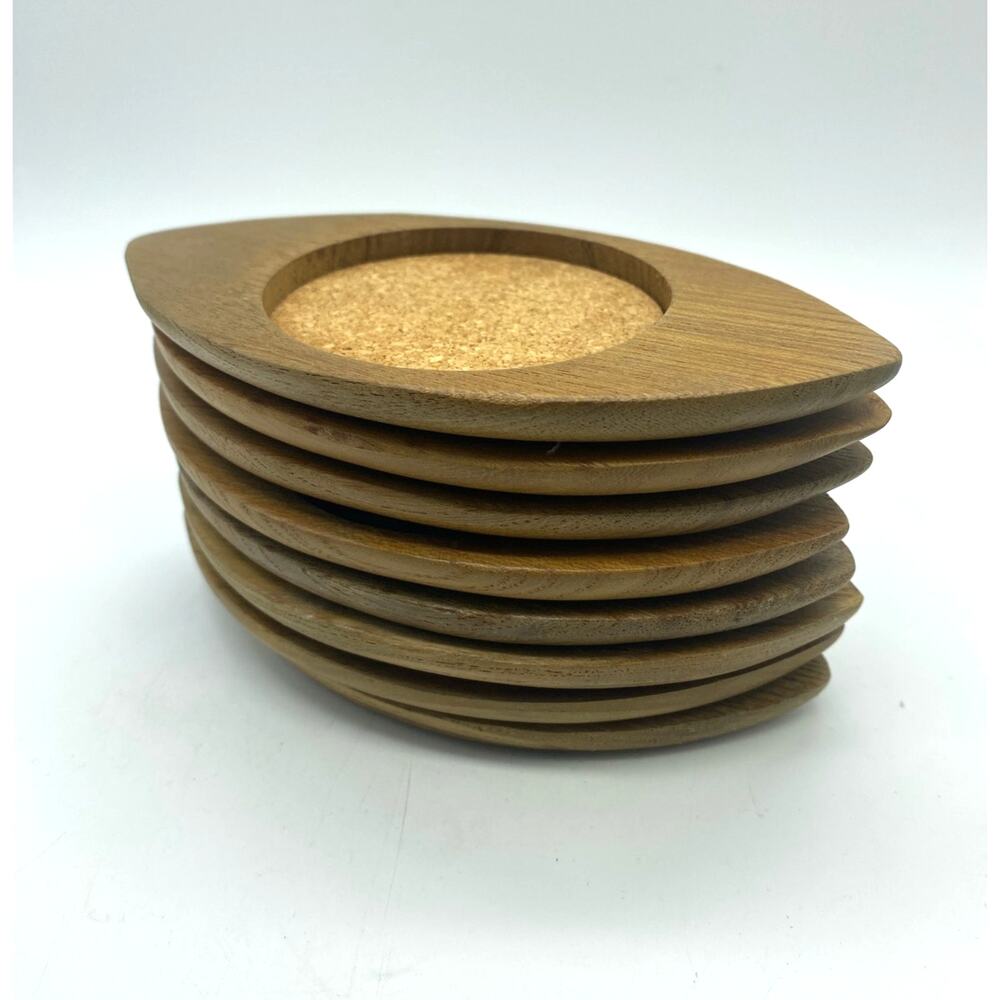 Sixties Hand carved Japan Hardwood & Cork Eye Coasters 8 Mid-Century Mod Sere‎